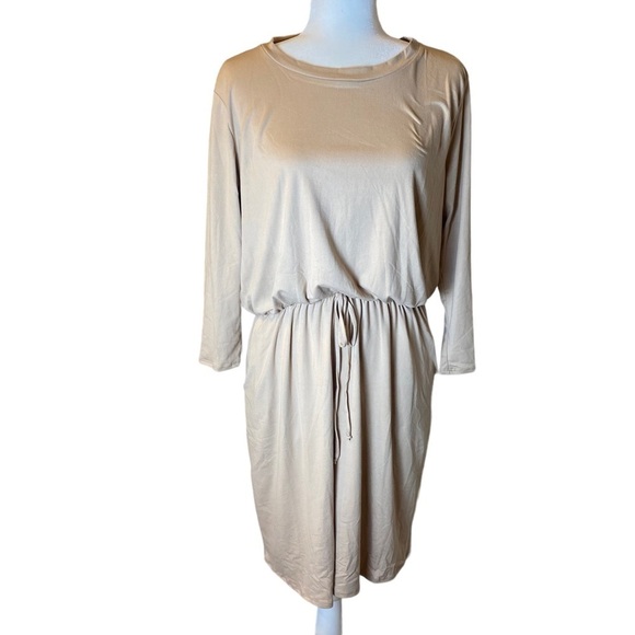 You & Me Dress Large‎ Long Sleeve Tan Camel Knit Pockets Casual Brunch Office - Picture 1 of 10